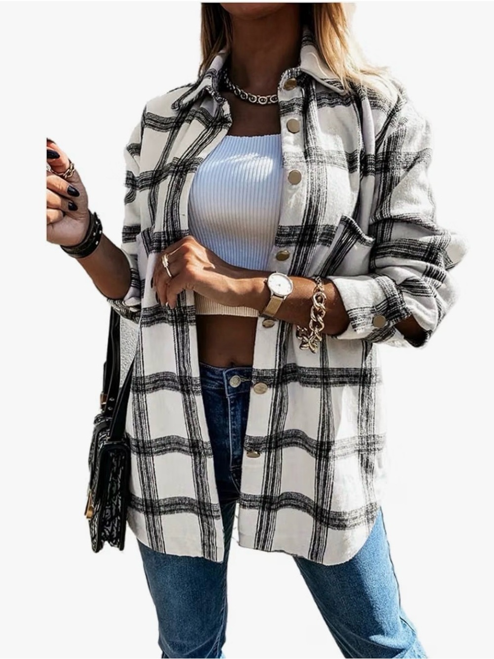 Amazon Women's Black and White Plaid Button Down Shirt Jacket
